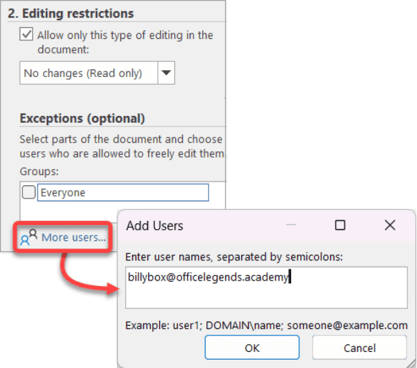 Protect Word document > Editing restrictions > Exceptions > More Users