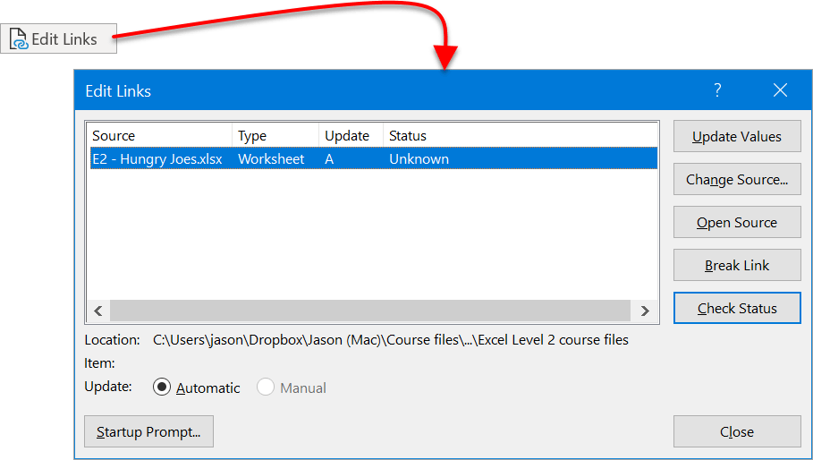 Edit Links dialog box Excel Edit Links dialog box for managing external workbook references and data connections