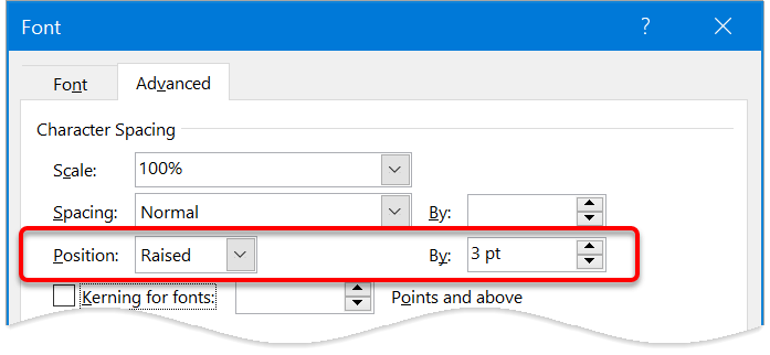 Illustration of raising or lowering text position in Word document