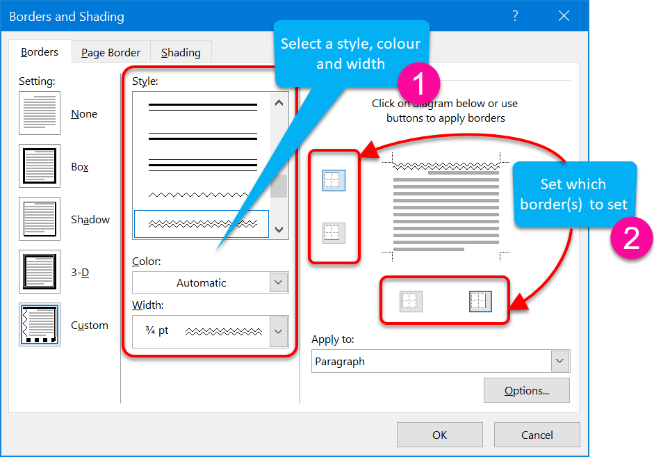 Custom border settings applied to text box in Microsoft Word