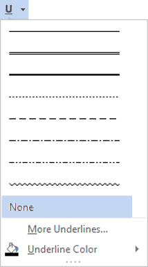 Underline styles dropdown menu in Word showing line options