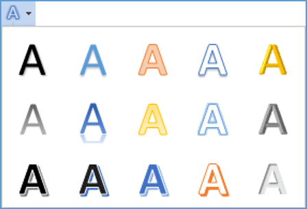 Text effects gallery in Word showing WordArt style options