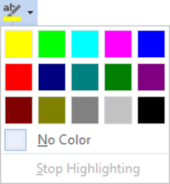 Text highlight color palette in Word showing color choices