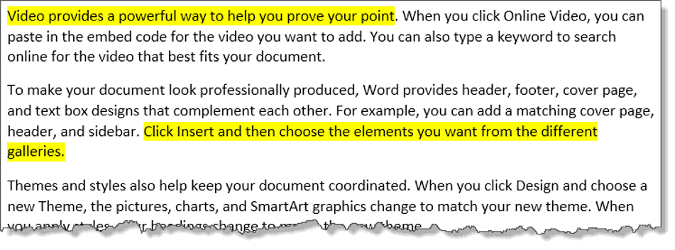 Sample Word document with multiple highlighted text sections