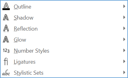 Text outline options menu in Word showing styling choices