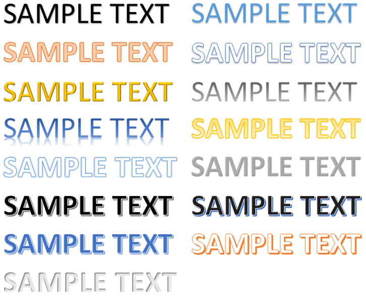 Examples of different WordArt text effects applied to sample text