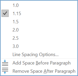 Line spacing options in Word paragraph formatting menu
