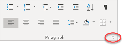 Paragraph dialog box launcher in Word Home ribbon