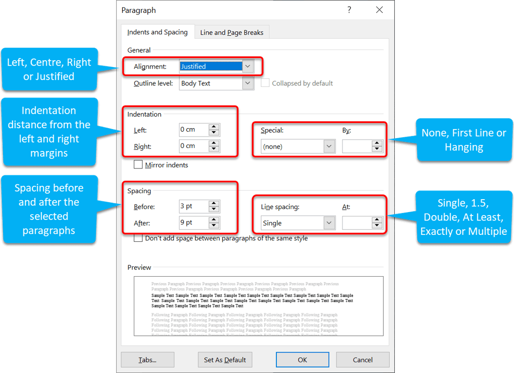Word paragraph formatting dialog box showing all spacing and indent options