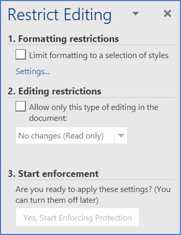 Restrict Editing sidebar with formatting and editing options