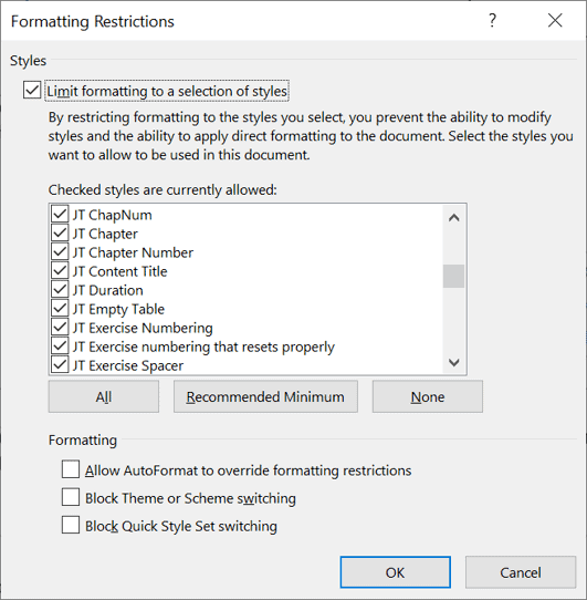 Formatting Restrictions dialog box in Word