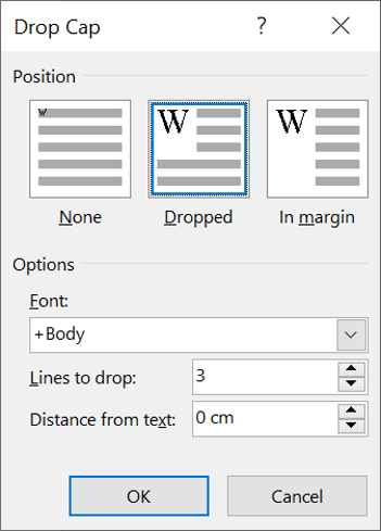 Drop cap customization window in Microsoft Word