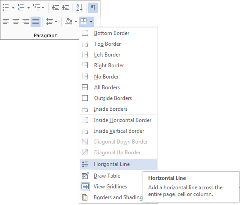 Inserting a horizontal line for text decoration in Microsoft Word